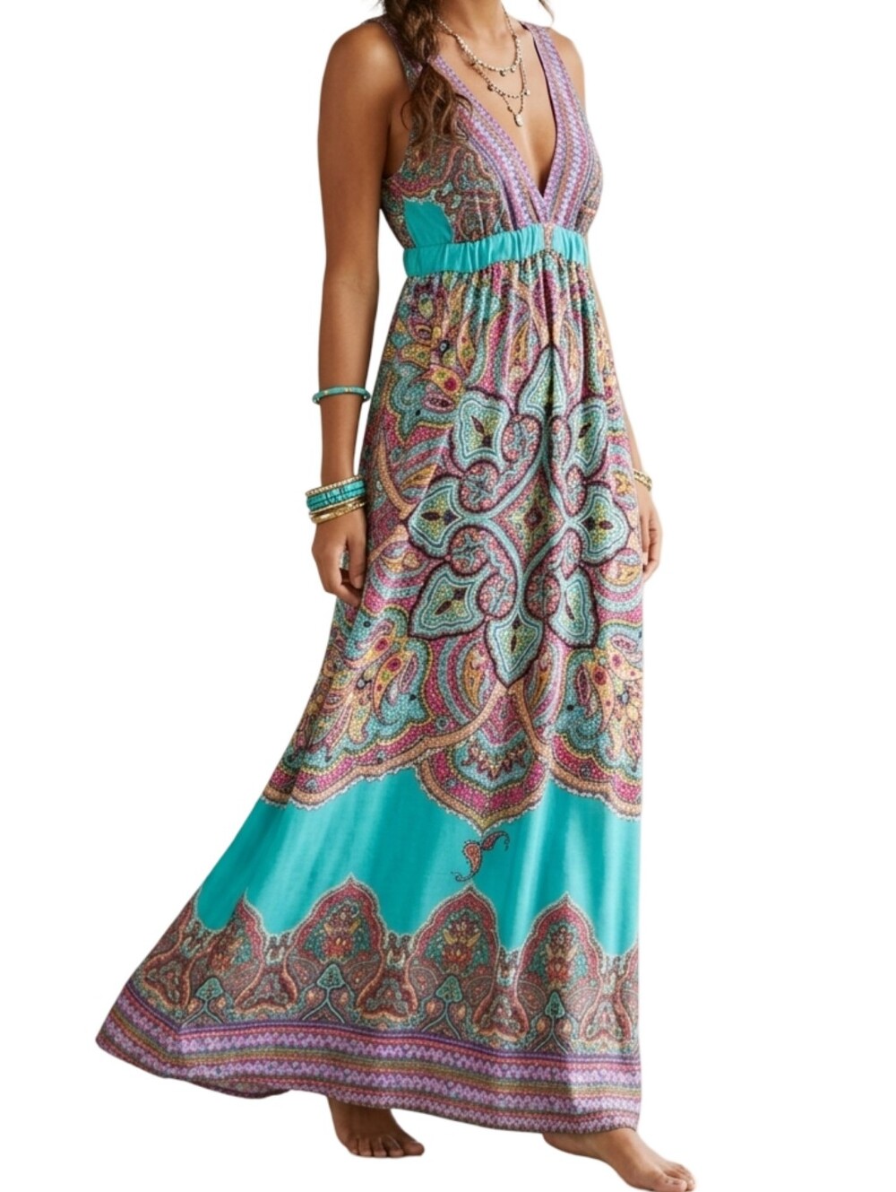 BLUSH Bohemian Paisley Maxi Dress Turquoise Pink V-Neck Empire Waist S